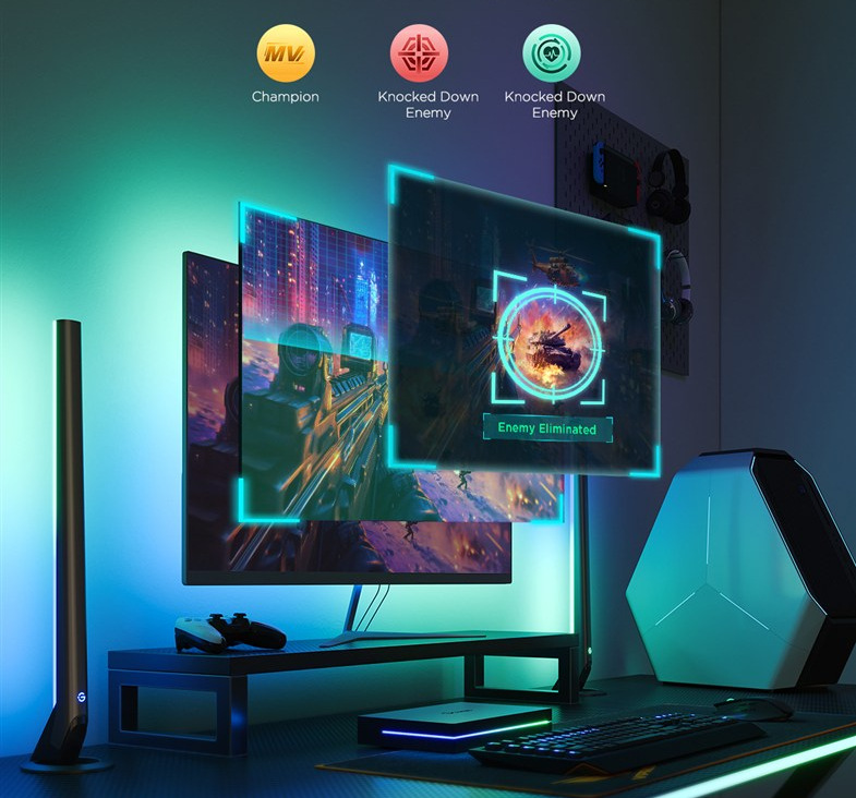 Herní setup s barevnými ikonami ilustrujícími sladění pásku Govee AI Sync Box Kit 2 Smart s dějem hry