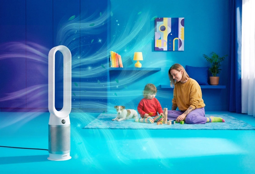 Ventilátor sloupový Niceboy Tower PRO White bílý Detail obrázku ventilátoru čistící vzduch v prostoru obývacího pokoje, ve kterém si hraje dítě s maminkou a psem.