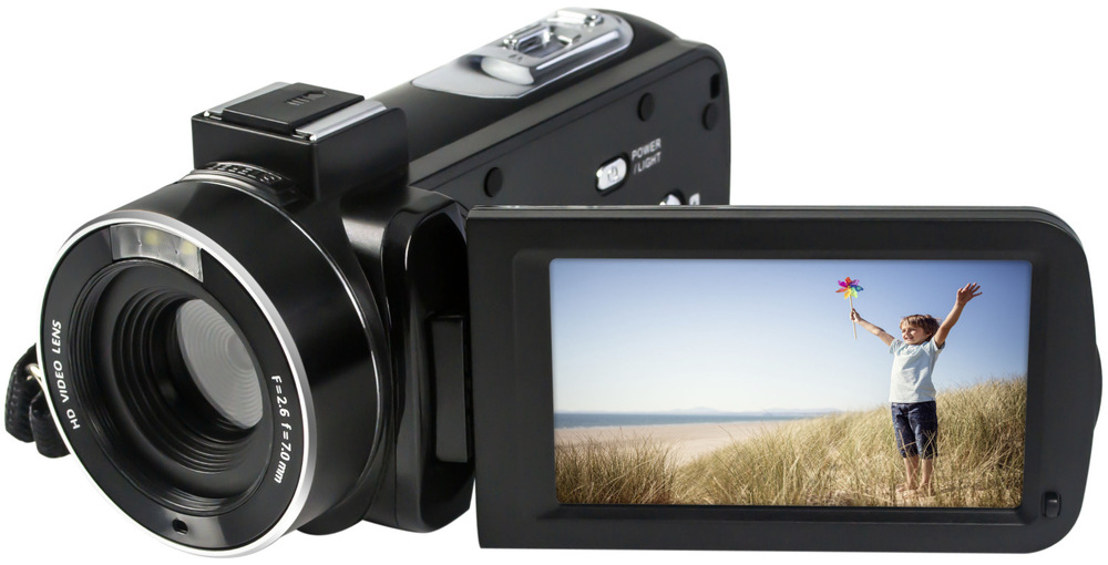 Videokamera AgfaPhoto Realimove CC2700 černá Videokamera AgfaPhoto CC2700 s otevřeným výklopným LCD displejem.