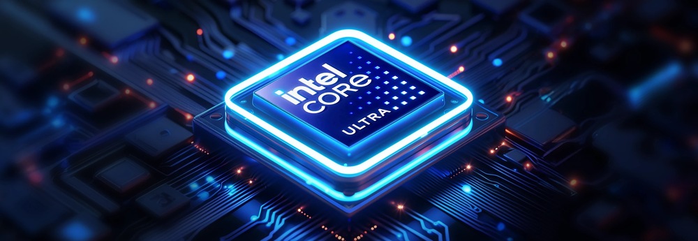 Zářivý čip Intel Core Ultra na detailní desce s plošnými spoji vyzařuje modré, futuristické světlo.