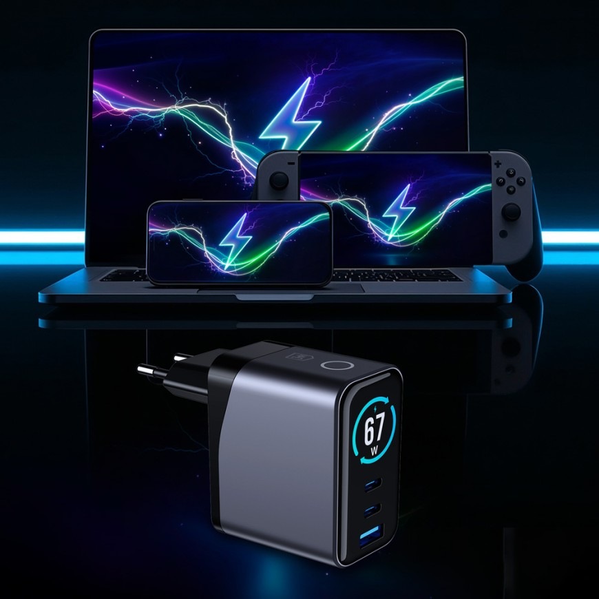 Nabíječka do sítě 3mk InCharge Lumin PD 67W QC4+ PPS AFC FCP SCP 1A2C TFT Display černá Nabíječka do sítě 3mk InCharge Lumin PD 67W QC4+ PPS AFC FCP SCP 1A2C TFT Display nabíjí mobilní telefon, notebook, tablet