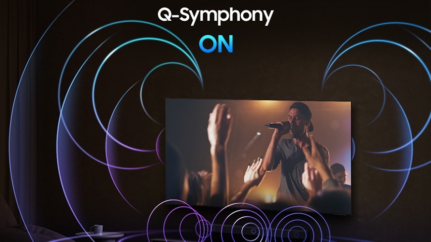 Televize Samsung QE77S92H Televize Samsung S92H a zvukové vlny prostorového zvuku z tv i soundbaru