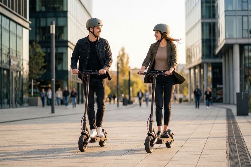 Elektrická koloběžka Sencor SCOOTER X30 OFF-ROAD černá Dvojice jezdců na elektrických koloběžkách Sencor SCOOTER X30 OFF-ROAD při jízdě městskou promenádou.
