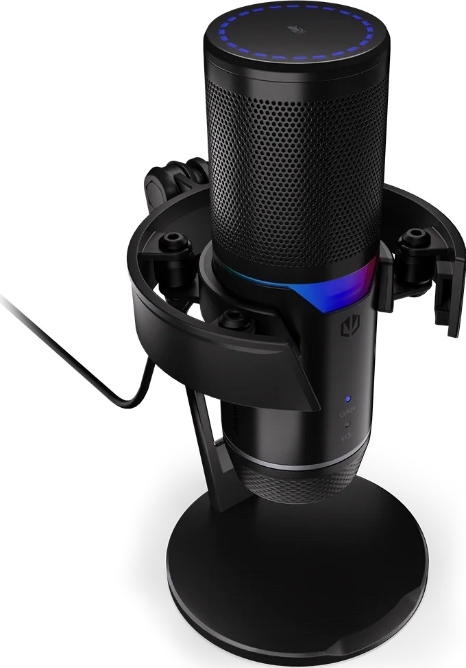Mikrofon ENDORFY Solum 2 Pro černý Šikmý horní pohled na mikrofon ENDORFY Solum 2 Pro s dotykovým ztlumením, RGB podsvícením a antivibračním držákem.