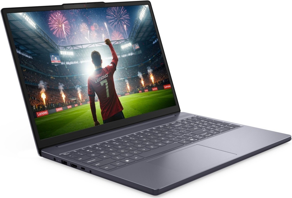 Notebook Lenovo IdeaPad Slim 3 15IPH11 šedý Notebook Lenovo s dynamickou fotbalovou scénou na displeji a pohledem na boční konektory