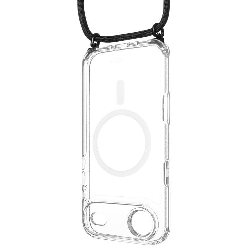 Kryt na mobil FIXED MagPure Neck s černou šňůrkou na krk na Apple iPhone Air - průhledný