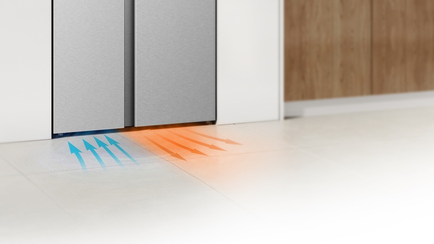 Detailní záběr na spodní část chladničky Hisense RS3P538NAIE. Na podlaze je graficky znázorněna efektivní výměna vzduchu