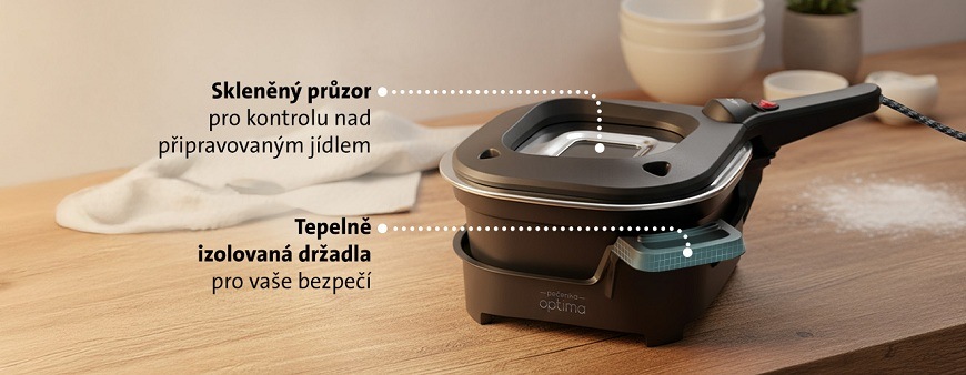 Elektrická pečicí pánev ETA Pečenka Optima se skleněným průzorem ve víku a tepelně izolovanými držadly pro bezpečnou manipulaci