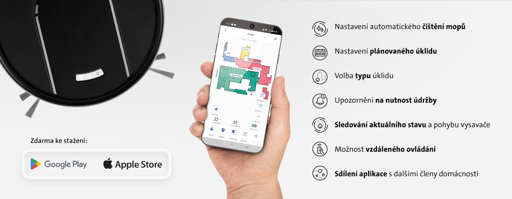 Infografika funkcí mobilní aplikace pro robotický vysavač ETA Aron 2 s přehledem: plánování úklidu, automatické čištění mopů, vzdálené ovládání a sledování stavu. Odkazy na Google Play a Apple Store