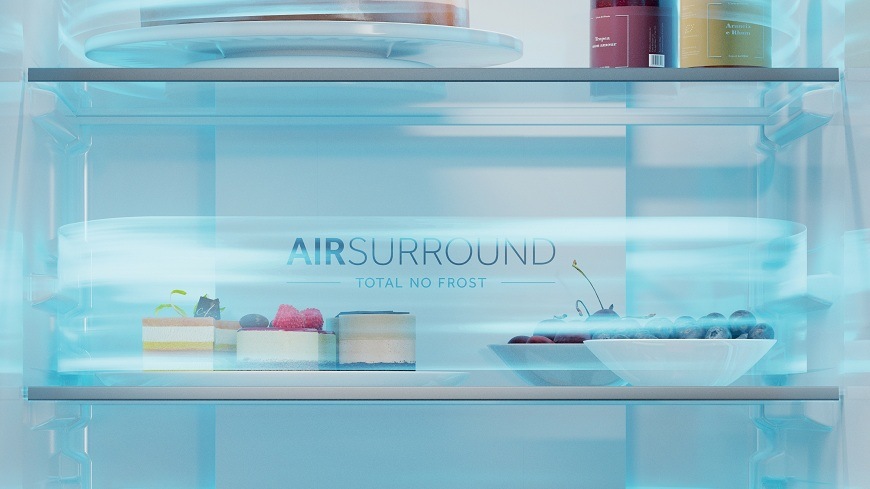 vnitřek vestavné lednice haier EHBQW5519E a krouživé pohyby vzduchu