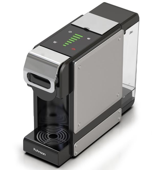 Kapslový kávovar Rohnson R-98054 černý/stříbrný Kávovar Rohnson R-98054, pohled z boku a je vidět i horní nastavení množství kávy, vzadu odnímatelná nádržka na vodu