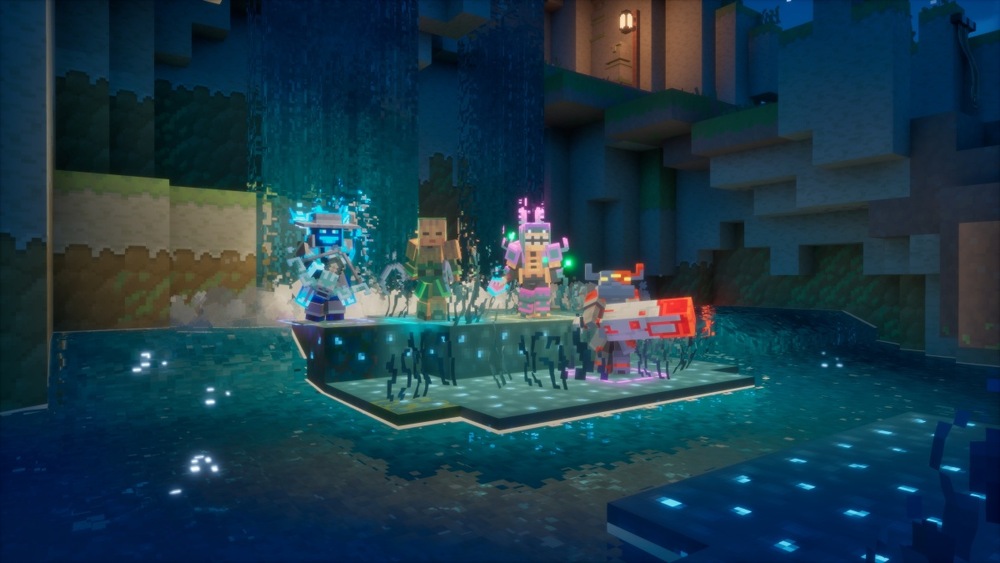 Záběr ze hry Minecrat Dungeons II. V herní scéně vidíme hrdiny osvětlené neonovými světly v noční krajině.