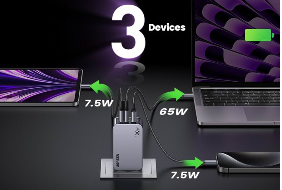  Nabíječka do sítě UGREEN Nexode 100 W GaN, 1x USB. 2x USB-C - šedá