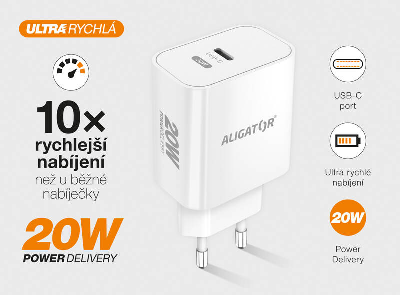 Nabíječka do sítě Aligator Power Delivery 20W, USB-C bílá Nabíječka do sítě Aligator Power Delivery 20W, USB-C bílá