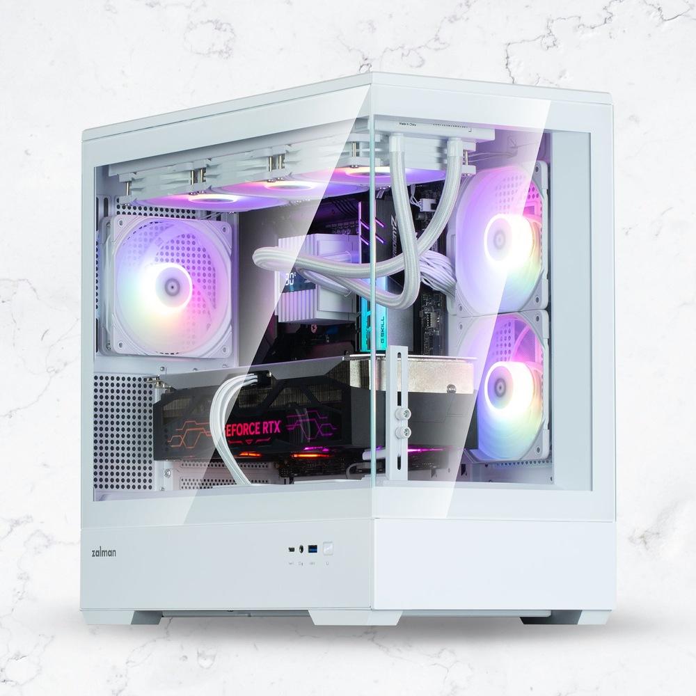 Case Zalman P30 White V2 bílá Elegantní bílá počítačová skříň s průhledným bočním panelem, na kterém jsou vidět barevné komponenty s RGB podsvícením. Je vybaven několika ventilátory a viditelnou grafickou kartou.