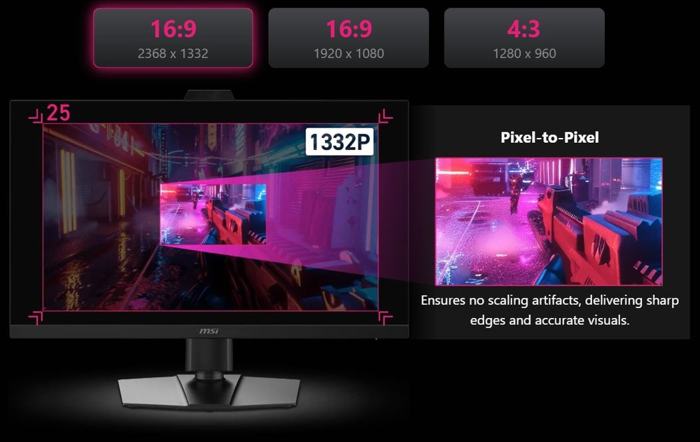 Herní monitor MSI MPG 272QRF X36 černý Herní monitor MSI MPG 272QRF X36 s ukázkou různých poměrů stran a režimu Pixel to Pixel