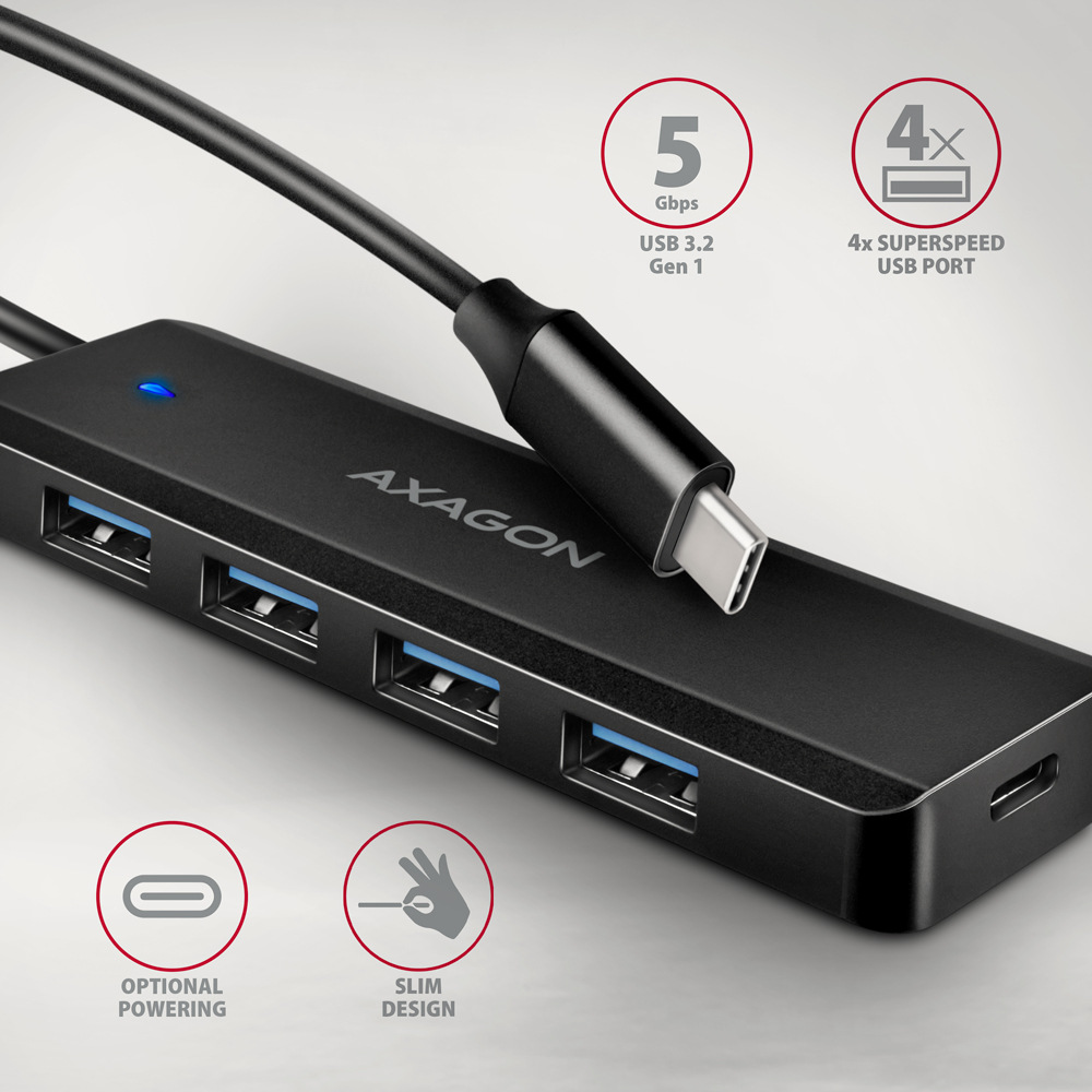 USB Hub Axagon 4x USB / USB-C, kabel USB-C 19cm černý USB Hub Axagon 4x USB / USB-C, kabel USB-C 19cm černý