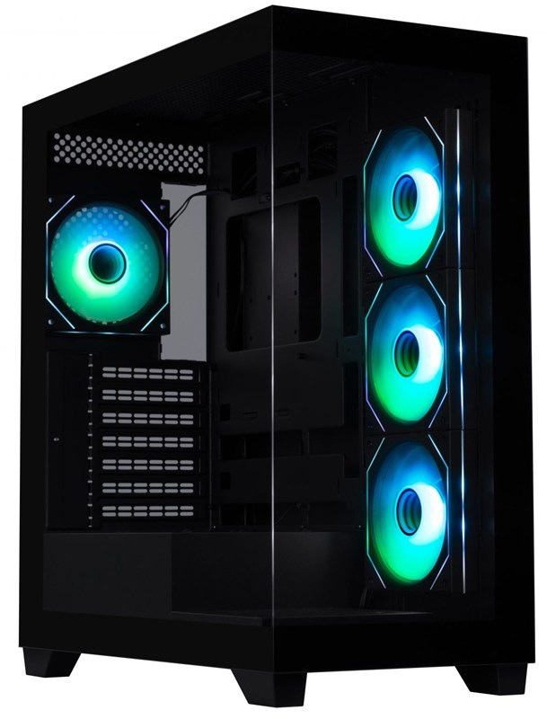 Na snímku je pc skříň case BitFenix Premium v černé barvě. Pohled do vnitřku skříně přes prosklený přední levý roh. Také vidíme čtyři RGB ventilátory.