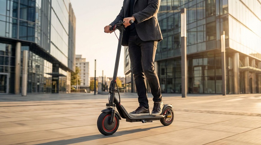 Muž jede na elektrické koloběžce Sencor SCOOTER S31 po moderní městské zóně mezi prosklenými kancelářskými budovami. Koloběžka má černý design s červenými detaily a působí dynamicky při jízdě po hladkém povrchu.