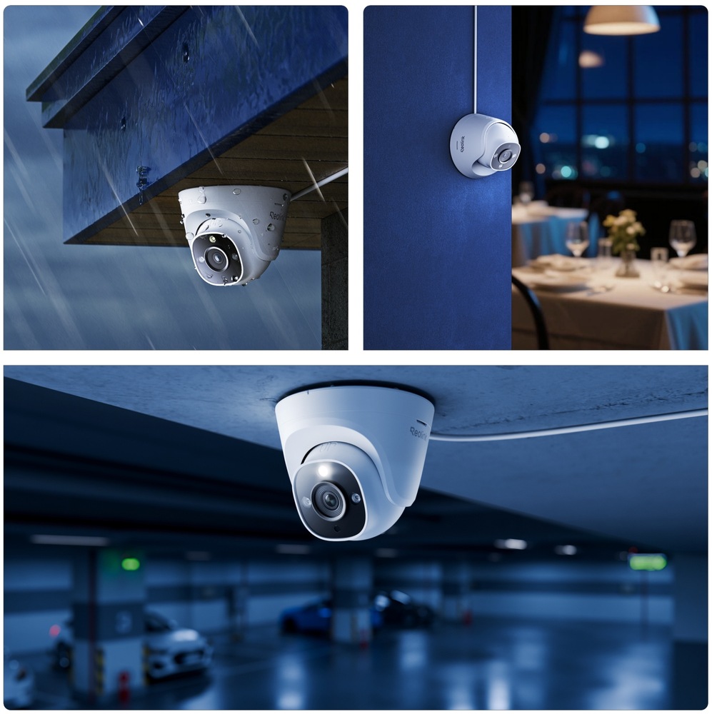 IP kamera Reolink RP-PCT12M SMB PoE bílá Kamera Reolink nainstalovaná na zdi skladu, pod stropem a v obchodě v nočním provozu.