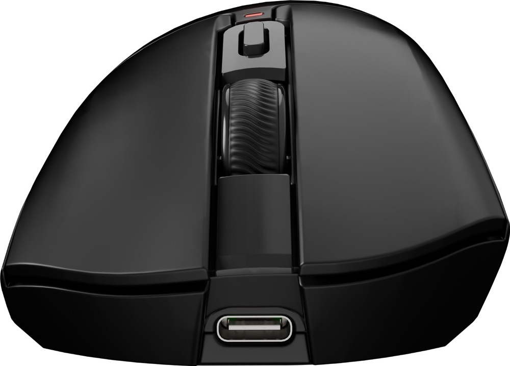 Čelní pohled na myš Genesis Zircon 880 PRO s konektorem USB-C uprostřed. Nad ním jsou dvě hlavní tlačítka, pogumované rolovací kolečko, tlačítko DPI a červená kontrolka.