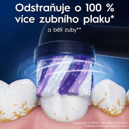 Náhradní hlavice Oral-B iO Radiant Black (6 ks) černá Pohled na kulatou kartáčovou hlavu, která efektivně čistí zuby, odstraňuje až o 100 % více zubního plaku v porovnáním s manuálním čištěním.