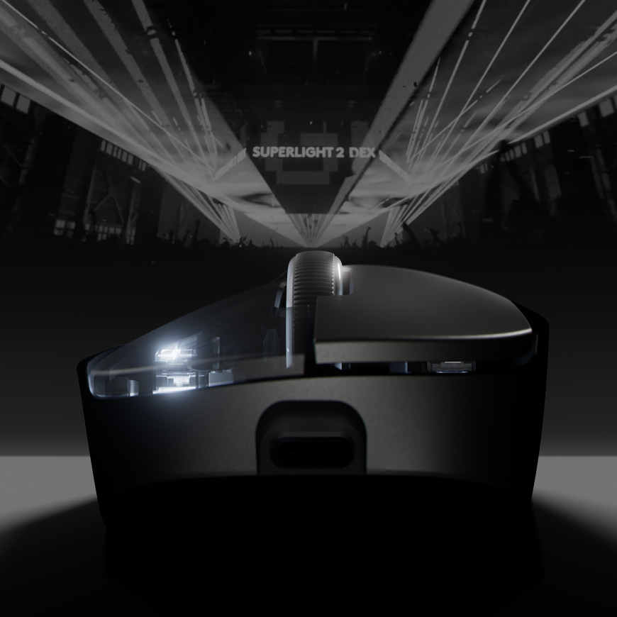 Detail přední části myši Logitech G PRO X Superlight 2 DEX SE s konstrukcí tlačítek a rolovacím kolečkem