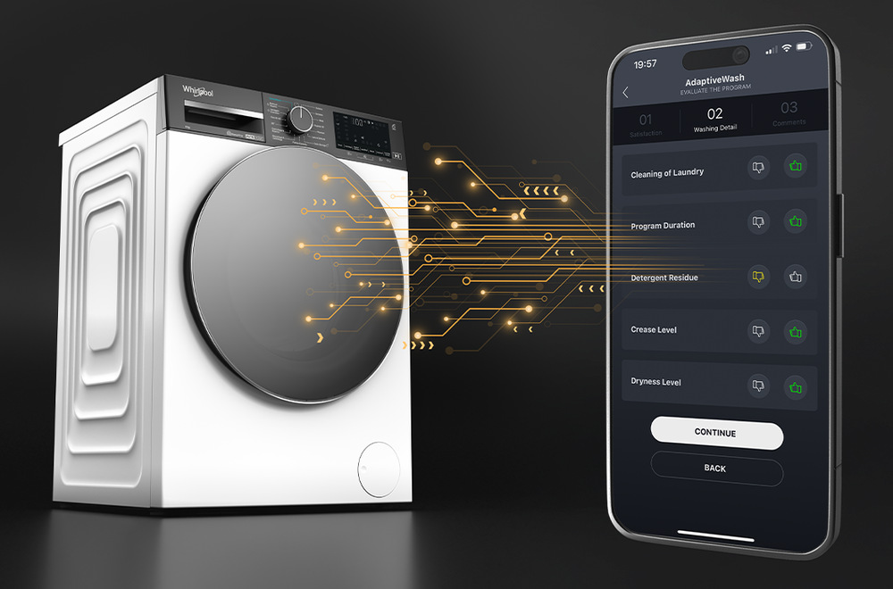 Technologie adaptive wash pomocí mobilní telefon s pračkou na černém pozadí se sama učí z každého praní 