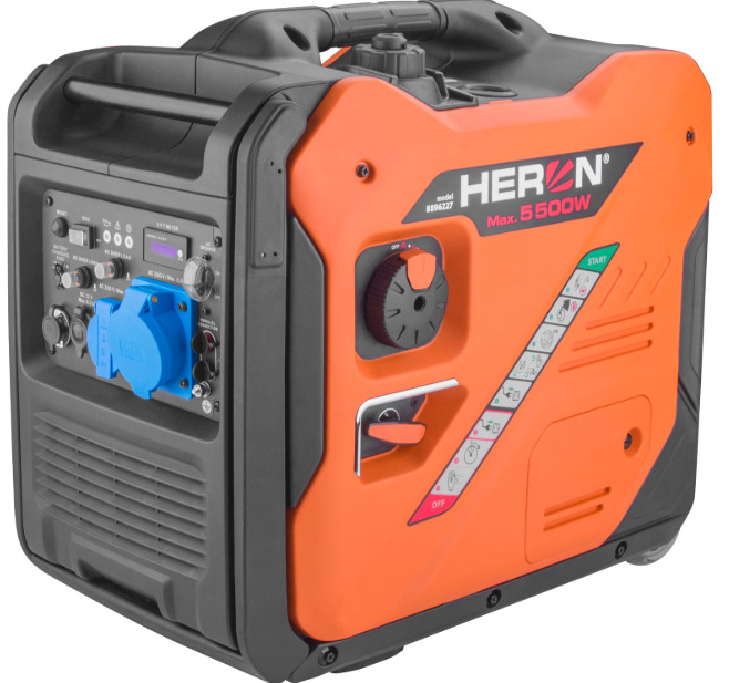Elektrocentrála HERON 8896227 z úhlu s ovládacím panelem a transportním madlem