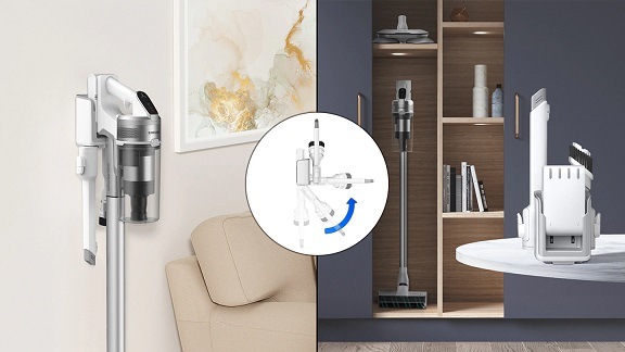 Tyčový vysavač Samsung Jet 70 Easy VS15T7033R4/GE Tyčový vysavač Samsung Jet 70 Easy VS15T7033R4/GE zavěšený v nabíjecí stanici na zdi, vpravo obrázek vysavače ve skříni, nabíjecí stanice s nástavci stojí na stole