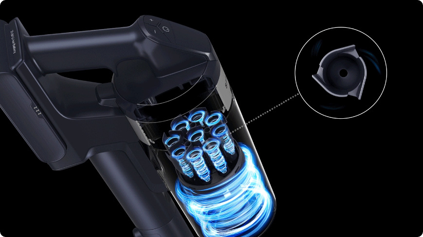 Tyčový vysavač Samsung VS15A60AGR5/GE Jet 65 pet Detail cyklónového filtru vysavače Samsung Jet 65 pet s modře zakresleným prouděním vzduchu