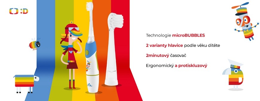 Modrý dětský kartáček ETA Sonetic TV Déčko, zobrazený spolu s náhradní hlavicí a veselými animovanými postavičkami v duhových barvách. Na pravé straně jsou vypsány výhody produktu: technologie microBUBBLES, dvě varianty hlavic podle věku dítěte, dvouminutový časovač a ergonomický protiskluzový design