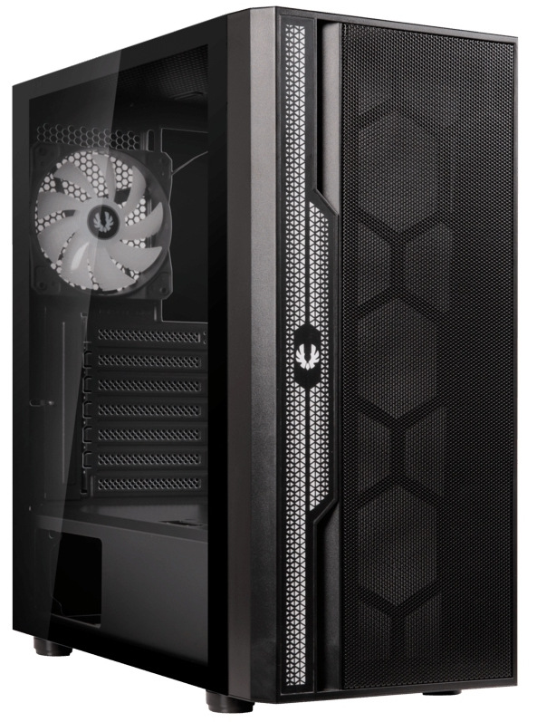 Case BitFenix Apollo černá Pohled do prázdné PC skříně přes prosklený bok. Je vidět zadní ventilátor a část vnitřku skříně.