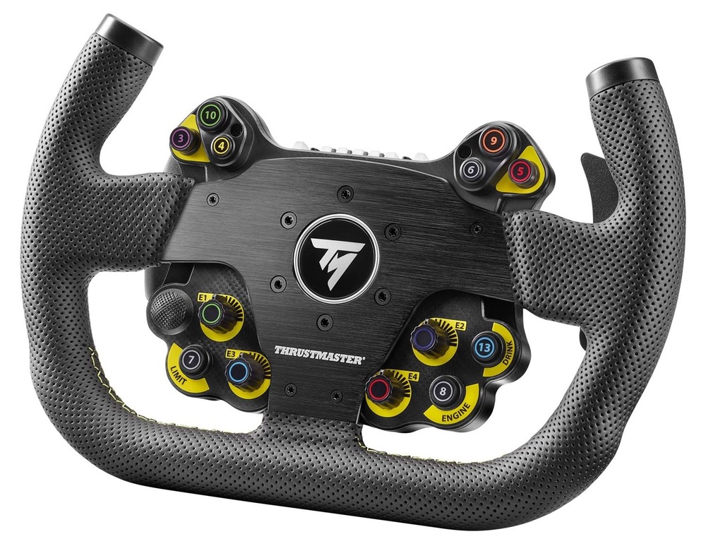 Detailní pohled na volant Thrustmaster EVO Racing 31U Leather Add-on s perforovaným koženým potahem a řadou tlačítek a voliči