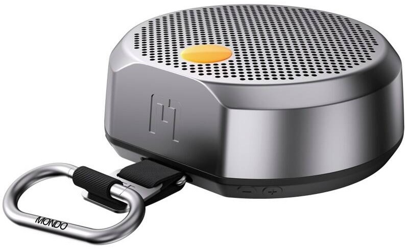 Šedý přenosný reproduktor Mondo Speaker Small s karabinou a oranžovým detailem