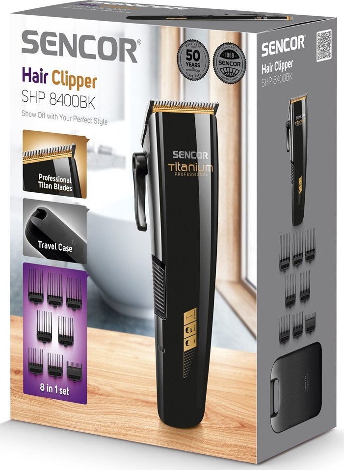 Zastřihovač vlasů Sencor SHP 8400BK černý Zastřihovač vlasů Sencor SHP 8400BK a pohled na balení