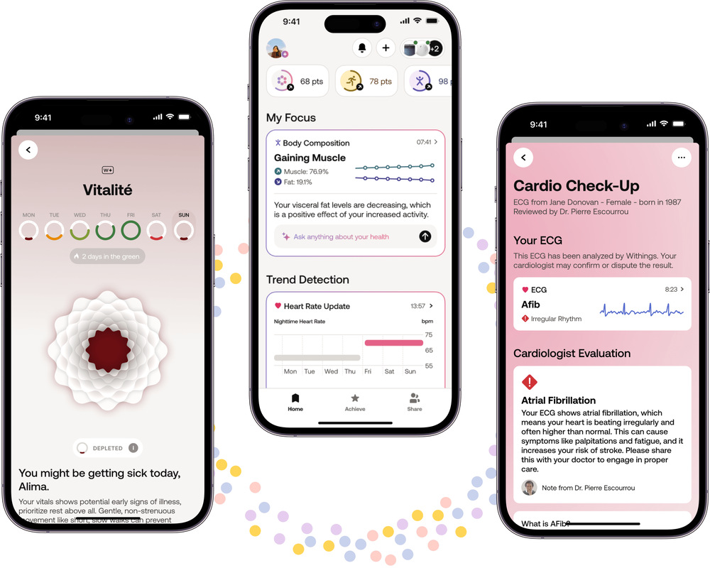 Tři smartphony s aplikací Withings zobrazující vitalitu, složení těla a výsledky EKG vyšetření.