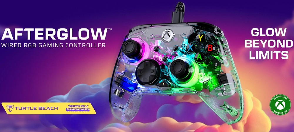 Gamepad Turtle Beach Afterglow Wired RGB, XBOX X/S, XBOX One, PC průhledný Herní ovladač Turtle Beach Afterglow Wired RGB na první pohled vyniká svým transparentním provedením a barevným RGB podsvícením.