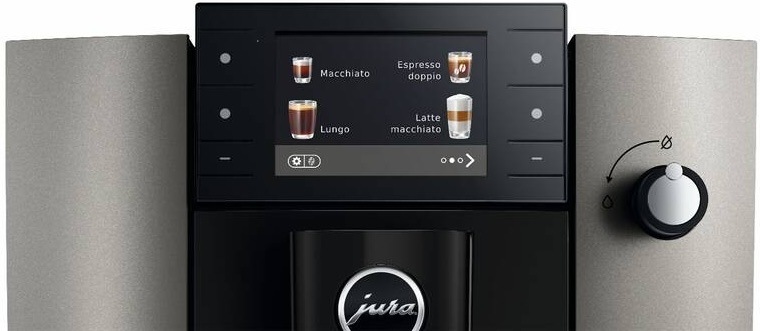 Automatický kávovar Jura E6 Dark Inox (ED) tmavě šedý Detail barevného 3,5" displeje kávovaru Jura s nabídkou nápojů a ovládacími tlačítky