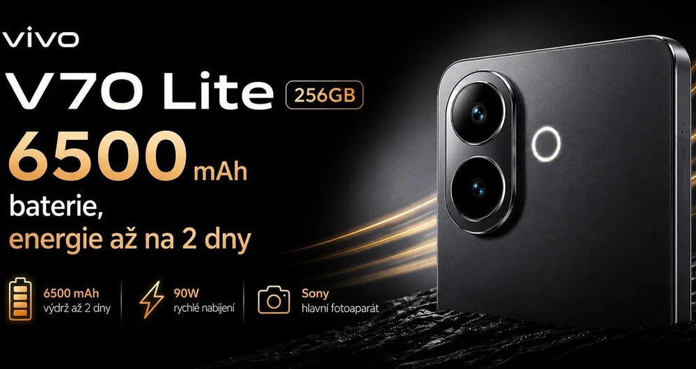 Mobilní telefon vivo V70 Lite 5G 6 GB / 256 GB černý mobilní telefon Vivo V70 Lite 5G 6 GB/256 GB, jehož výkonná baterie vydrží až na dva dny