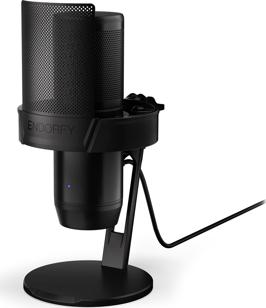 Mikrofon ENDORFY Solum 2 Core černý Detail mikrofonu ENDORFY Solum 2 Core s kovovým pop filtrem, antivibračním držákem a stolní základnou.