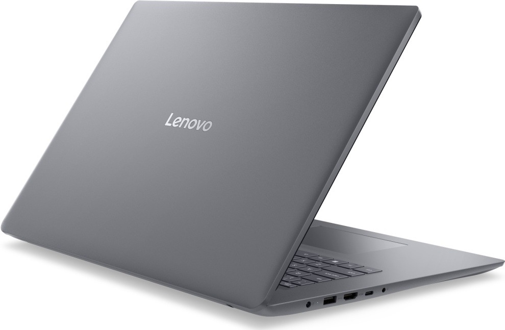 Notebook Lenovo zezadu s čistým šedým víkem a viditelnou konektorovou výbavou