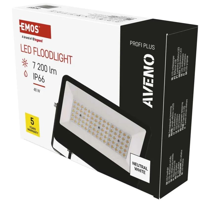 Reflektor EMOS AVENO, 48W, 7200lm, neutrální bílá černý LED REFLEKTOR AVENO 48W 7200LM IP66 NW