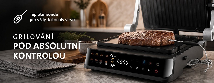 Elektrický kontaktní gril ETA GrilChef Ukázka grilování hovězího steaku na elektrickém grilu ETA GrilChef s teplotní sondou zapojenou přímo do masa pro absolutní kontrolu nad stupněm propečení.