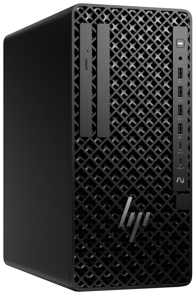 Stolní počítač HP Z1 Tower G1i černý Na obrázku je černý stolní počítač HP Z1 Tower G1i zachycený šikmo zepředu. Skříň má jednoduchý vysoký tvar se zaoblenými hranami a celé čelo kryje výrazná mřížka s kosočtvercovým vzorem. Vlevo jsou dvě úzké svislé pozice, vpravo ovládací panel s tlačítkem zapnutí, audio konektorem, čtyřmi USB porty a dvěma USB-C porty. Ve spodní části čela je lesklé logo HP.
