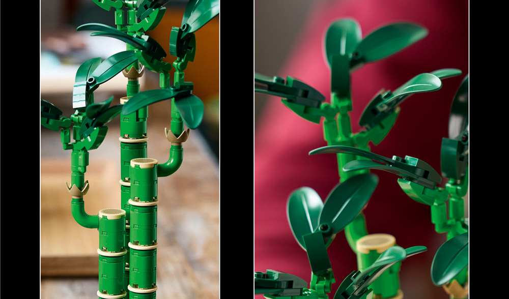 Stavebnice LEGO® Botanicals 10344 Bambus štěstí Tři bambusové stonky, zelené listy, oblázky a sokl s efektem dřeva vytvářejí autentický přírodní vzhled.