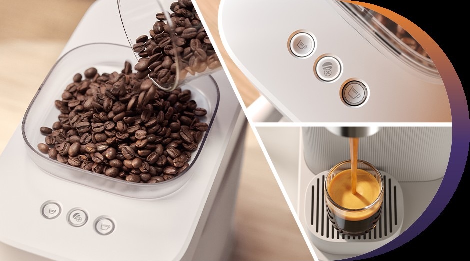 Pákový kávovar Philips BAR300/00 Baristina, kde se do něj sypou zrnka kávy a připravuje káva