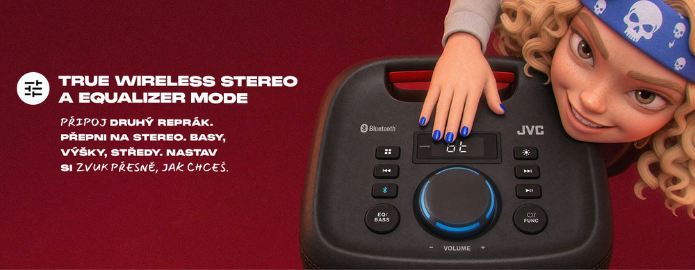 Detail ovládacího panelu party reproduktoru JVC s tlačítky TWS a ekvalizéru – banner s textem „True Wireless Stereo a Equalizer Mode. Připoj druhý reprák. Přepni na stereo. Basy, výšky, středy. Nastav si zvuk přesně, jak chceš.“