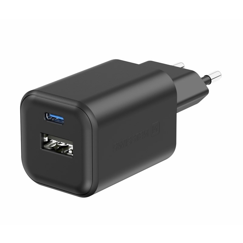 Nabíječka do sítě Swissten GAN 1x USB-C 45W PD + 1x USB-A 18W QC černá