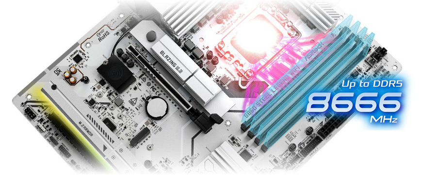 Základní deska ASRock B860 Steel Legend WiFi Detail slotů DDR5 na desce ASRock B860 Steel Legend WiFi podporujících frekvence až 8666 MHz
